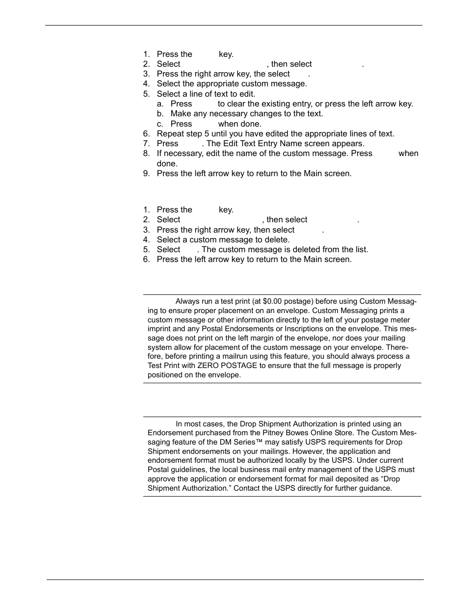 Editing a custom message, Deleting a custom message, Envelope guidance | Drop shipment endorsement | Pitney Bowes DM925 User Manual | Page 92 / 206