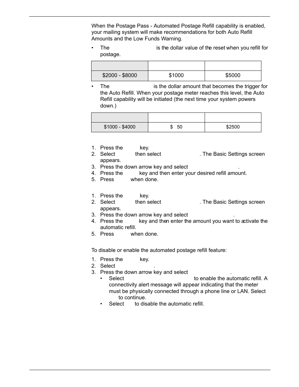 Recommended funds values, Setting the auto refill amount, Setting the low funds value | Enabling/ disabling automated postage refill | Pitney Bowes DM1000 User Manual | Page 106 / 186