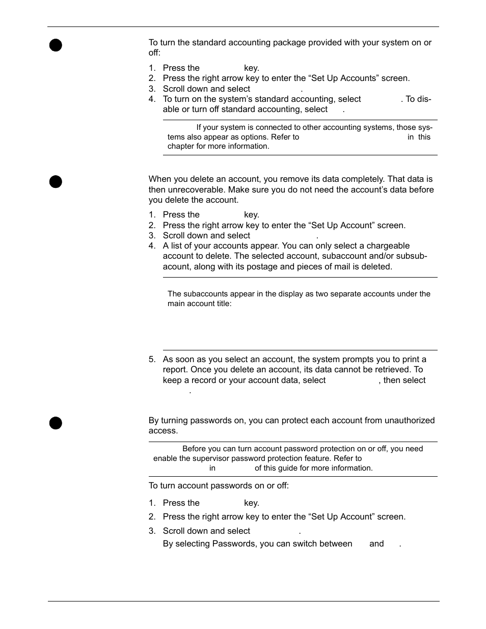 Turning standard accounting on or off, Deleting accounts, Turning account password protection on or off | Turning standard accounting on or off -7, Deleting accounts -7, Turning account password protection on or off -7 | Pitney Bowes DM1000 User Manual | Page 113 / 186