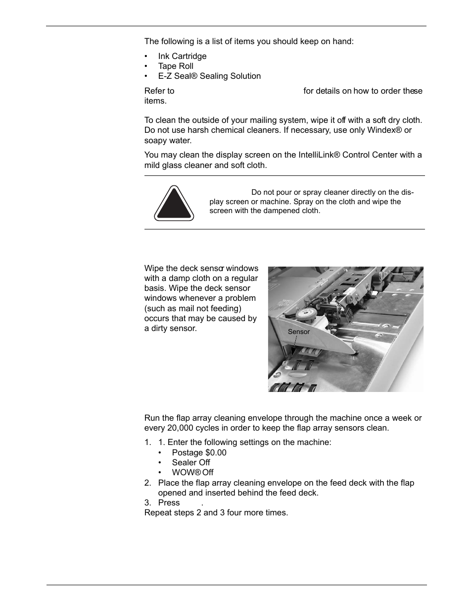 Items to keep on hand, Cleaning the exterior, Cleaning the deck sensors | Cleaning the flap array sensors, Items to keep on hand -2, Cleaning the exterior -2 | Pitney Bowes DM1000 User Manual | Page 134 / 186