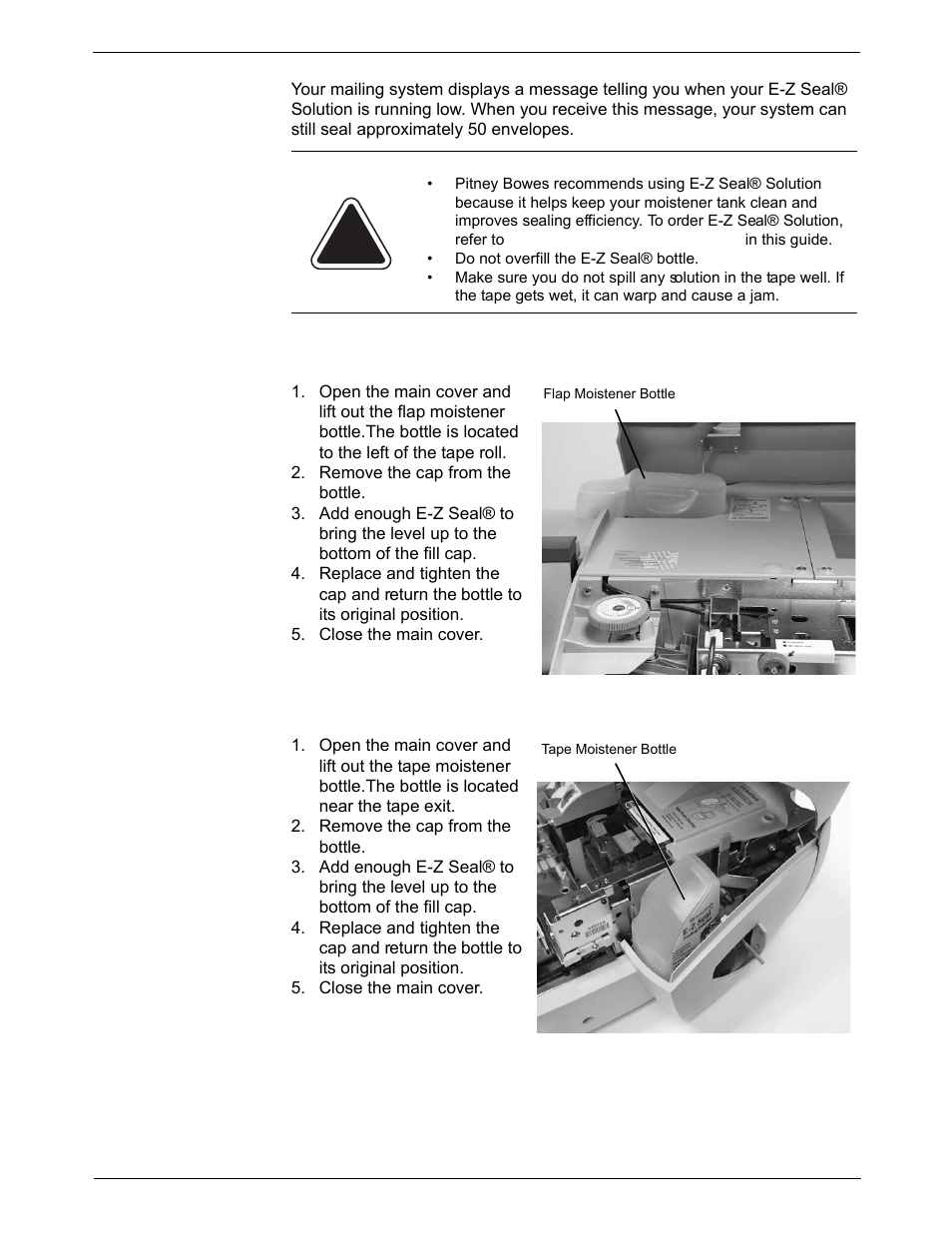 E-z seal® sealing solution maintenance, Filing the flap moistener bottle, Filling the tape moistener bottle | E-z seal® sealing solution maintenance -4, E-z seal, Sealing  solution  maintenance | Pitney Bowes DM1000 User Manual | Page 136 / 186