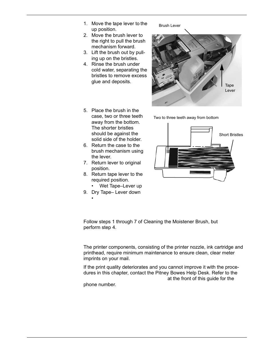 Cleaning the moistener brush, Replacing the moistener brush, Printer maintenance | Printer maintenance -5 | Pitney Bowes DM1000 User Manual | Page 137 / 186