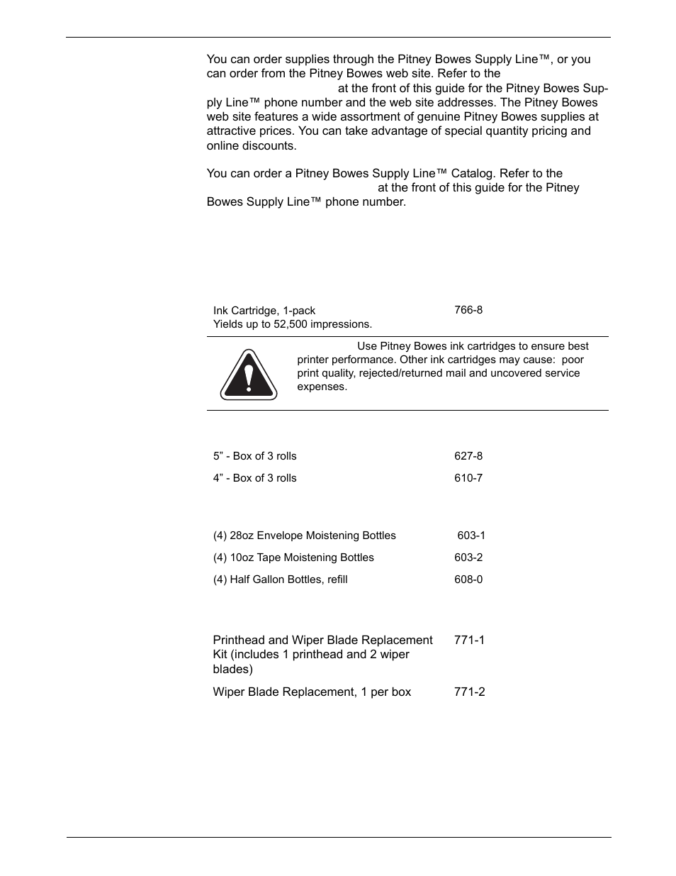 Ordering supplies, Ordering a pitney bowes supply catalog, Consumables you can order | Printhead kit and wiper blade replacement, Ordering supplies -2, Ordering a pitney bowes supply catalog -2, Printhead kit and wiper blade replacement -2, 11 • supplies and options | Pitney Bowes DM1000 User Manual | Page 166 / 186