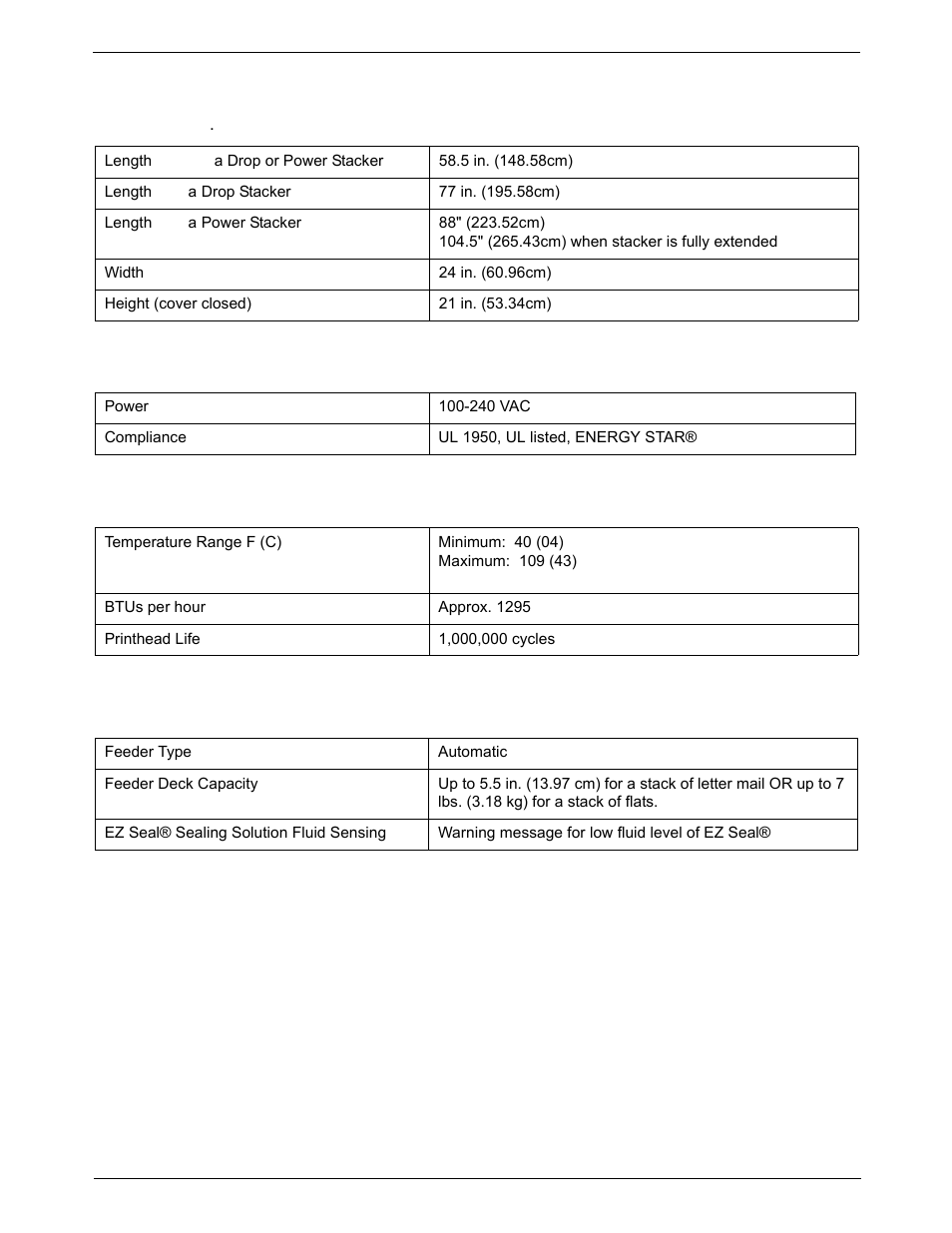 Equipment specifications, Power and compliance, Operating conditions | Capacities and features, Dimensions | Pitney Bowes DM1000 User Manual | Page 170 / 186