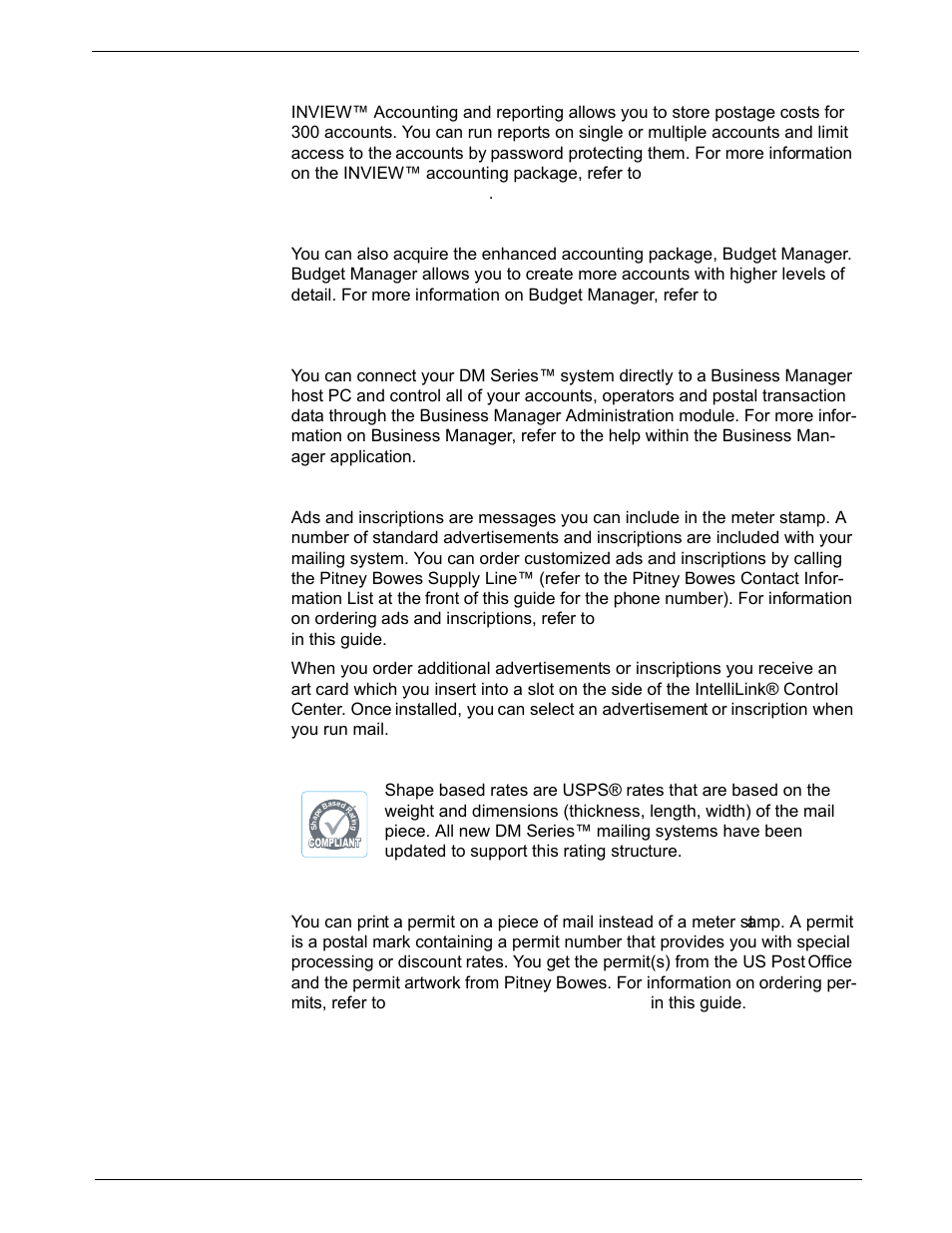 Accounting and reporting, Inview™ accounting, Budget manager | Business manager, Advertisements and inscriptions, Shape based rating, Optional permits | Pitney Bowes DM1000 User Manual | Page 20 / 186