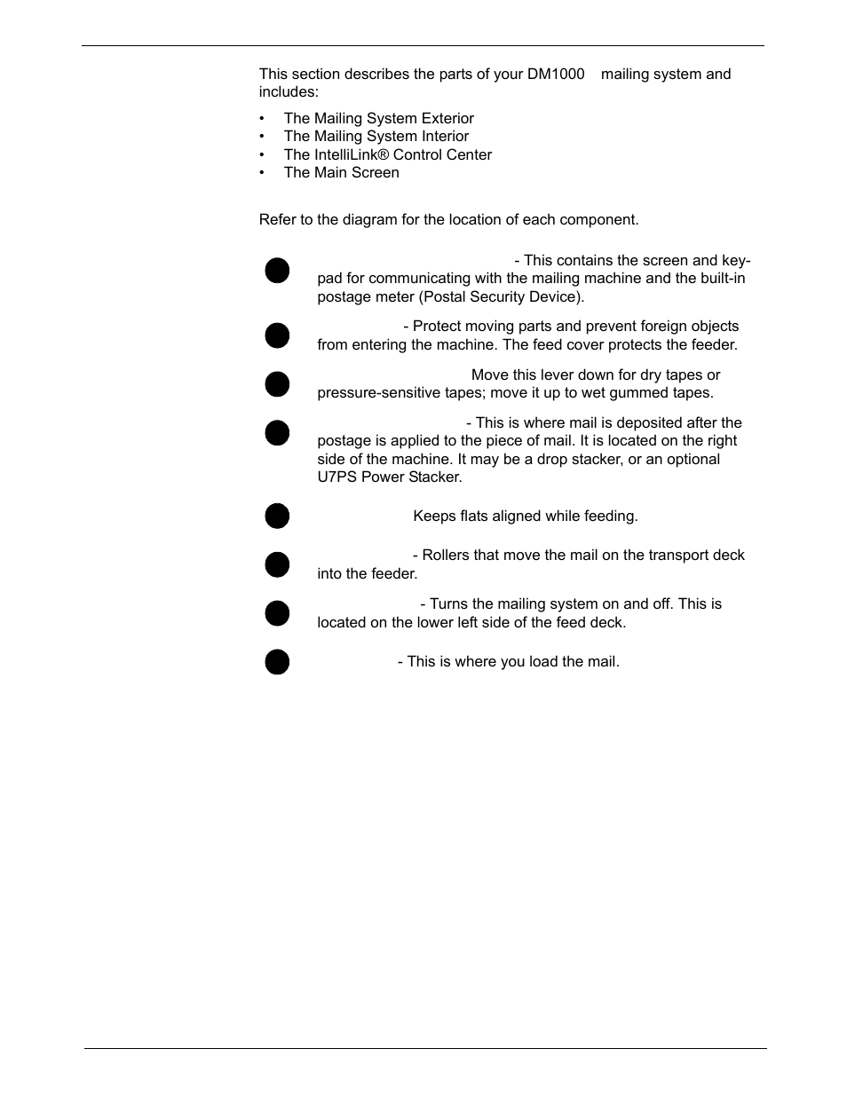 Parts of the mailing system, Mailing system exterior | Pitney Bowes DM1000 User Manual | Page 21 / 186