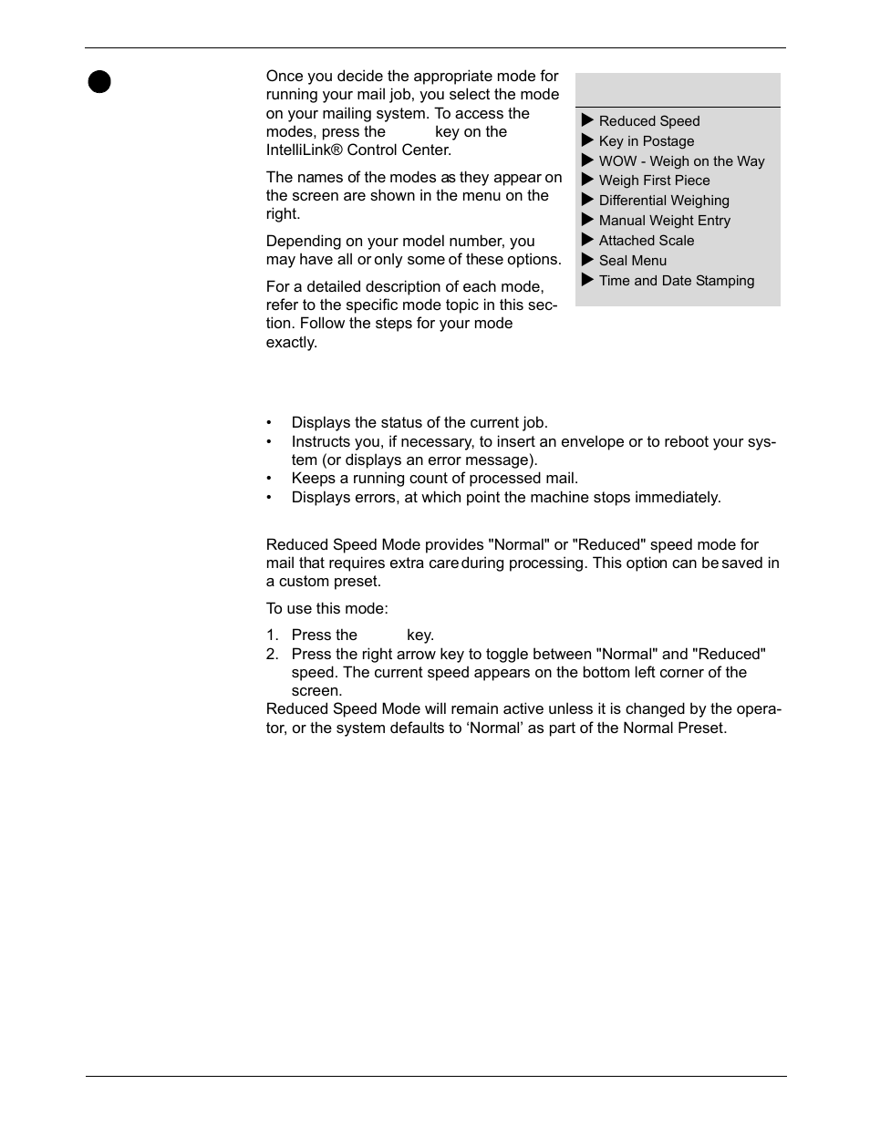 Selecting the postage mode and running the mail, Mode selection: reduced speed | Pitney Bowes DM1000 User Manual | Page 42 / 186