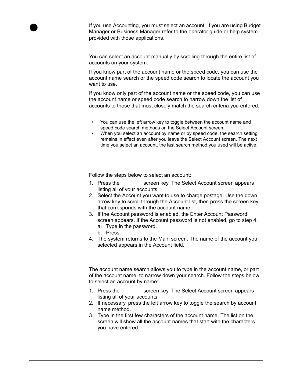 Selecting or deselecting an account, Selecting an account, Selecting an account manually | Selecting an account by name, Selecting or deselecting an account -16 | Pitney Bowes DM1000 User Manual | Page 48 / 186