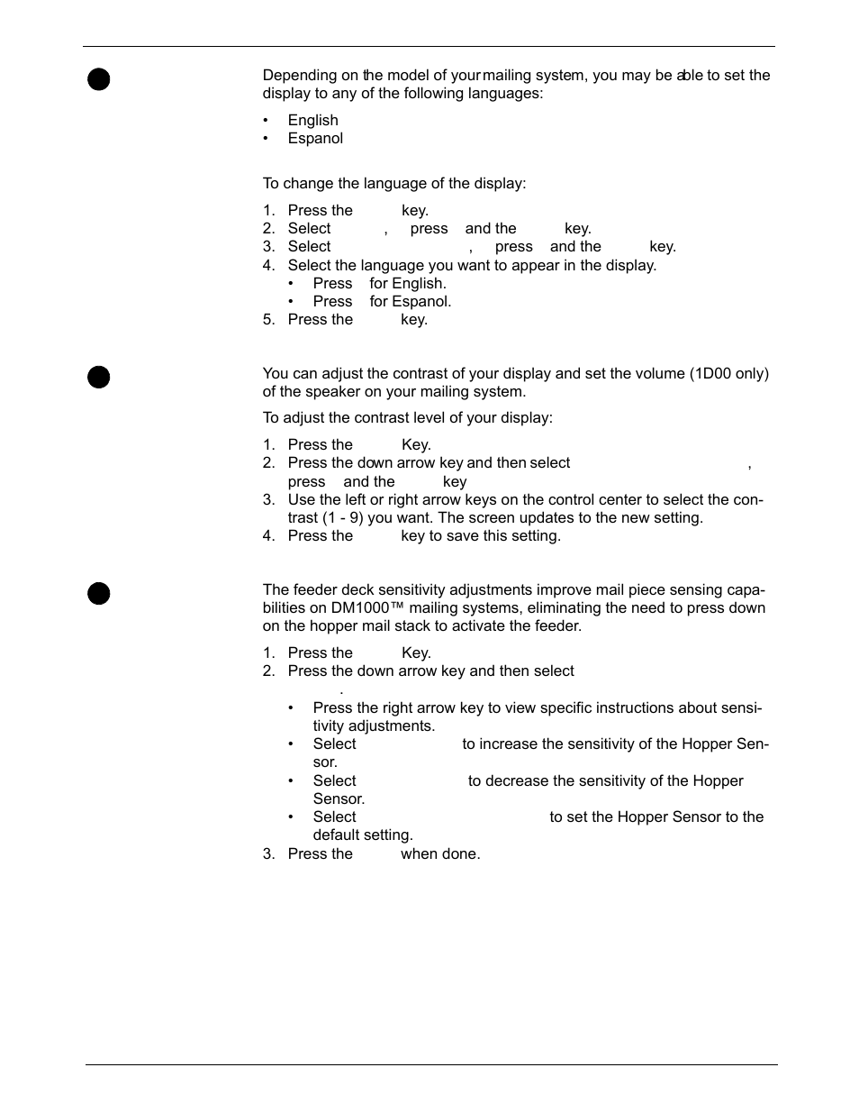 Setting the display language, Adjusting display contrast, Adjusting the feeder deck sensor | Setting the display language -4, Adjusting display contrast -4, Adjusting the feeder deck sensor -4 | Pitney Bowes DM1000 User Manual | Page 70 / 186