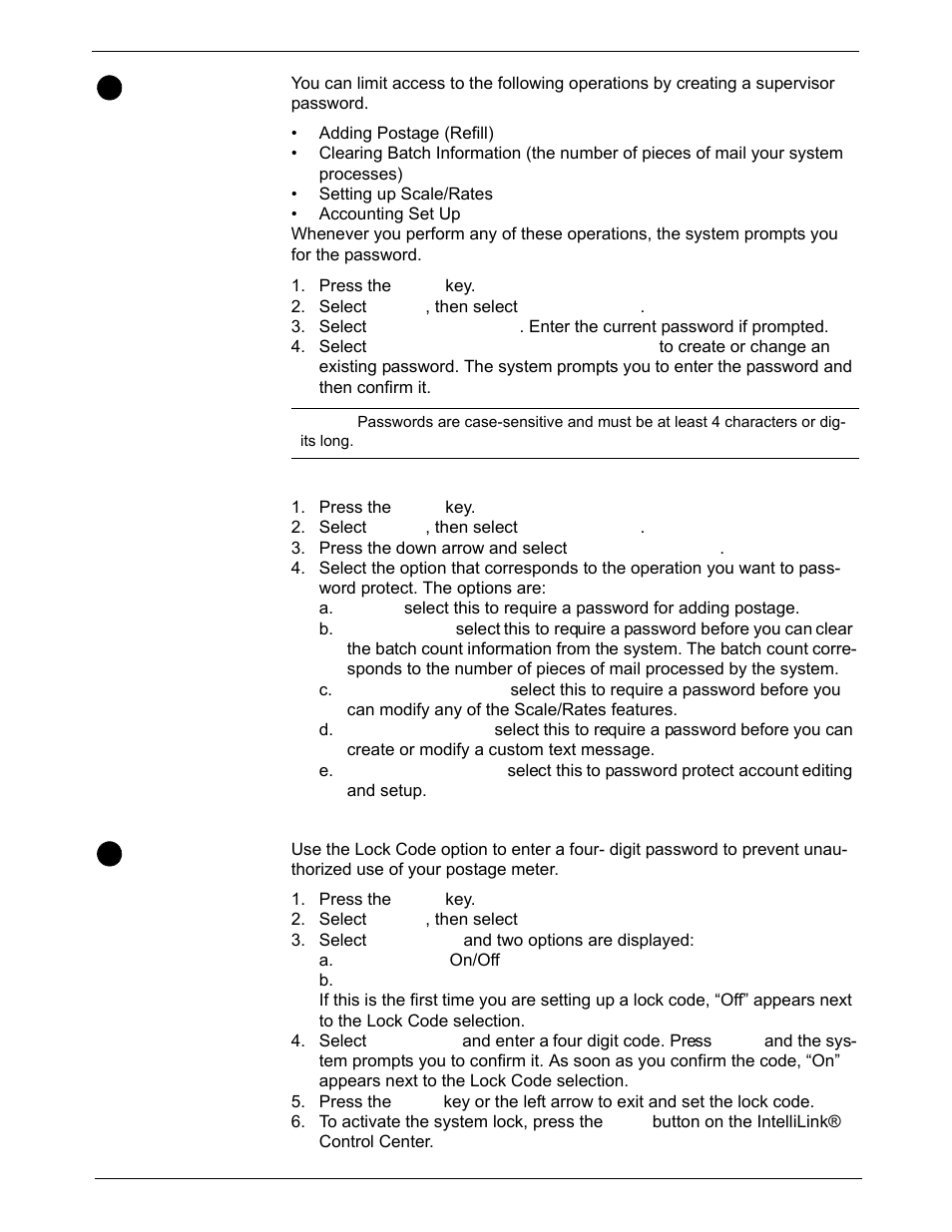 Setting up a supervisor password, Creating a supervisor password, Password protecting an operation | Setting up a lock code, Setting up a supervisor password -6, Setting up a lock code -6 | Pitney Bowes DM1000 User Manual | Page 72 / 186