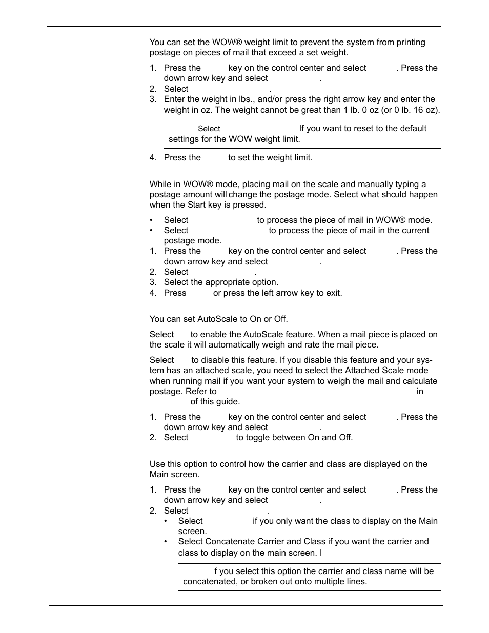 Scale/rates: wow® weight limit, Scales/rates: wow® start key, Scale/rates: autoscale | Scale/rates: carrier/class display | Pitney Bowes DM1000 User Manual | Page 74 / 186