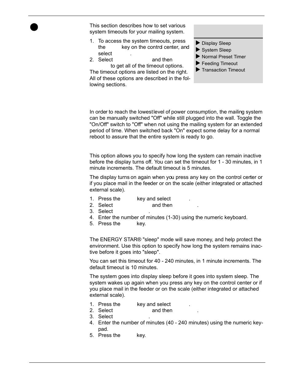 Configuring system timeouts, Standby mode: least power usage, Timeouts: display sleep | Timeouts: energy star® sleep, Configuring system timeouts -19 | Pitney Bowes DM1000 User Manual | Page 85 / 186