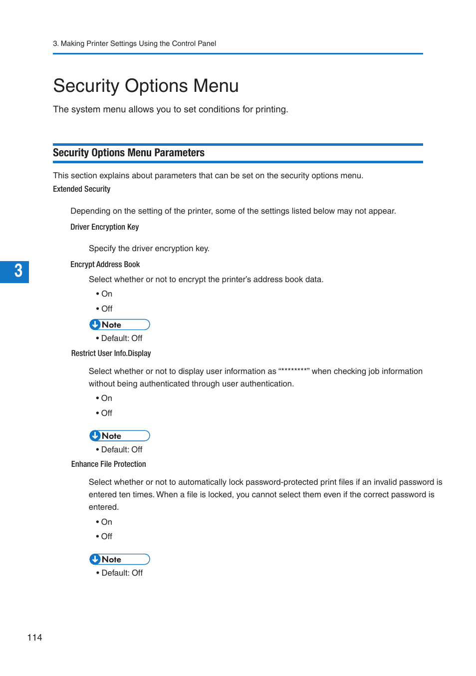 Security options menu, Security options menu parameters | Pitney Bowes DP50S Color Printer User Manual | Page 112 / 210