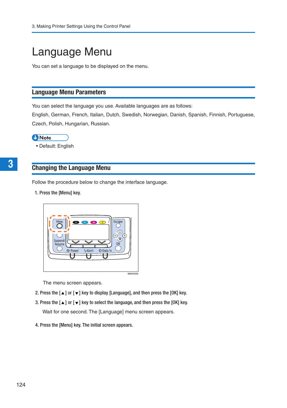 Language menu, Language menu parameters, Changing the language menu | Pitney Bowes DP50S Color Printer User Manual | Page 122 / 210