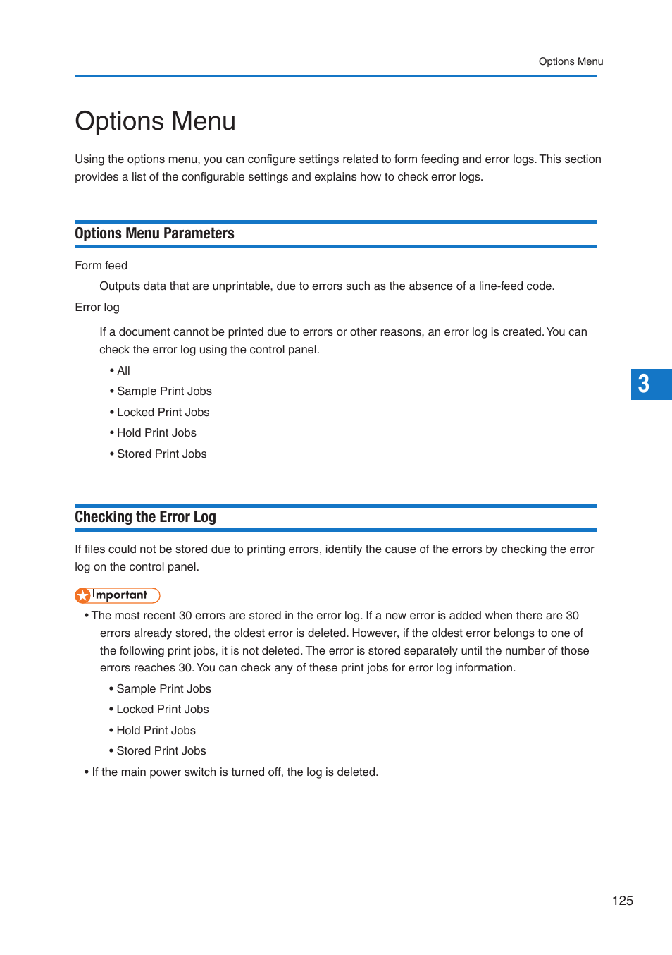 Options menu, Options menu parameters, Checking the error log | Pitney Bowes DP50S Color Printer User Manual | Page 123 / 210