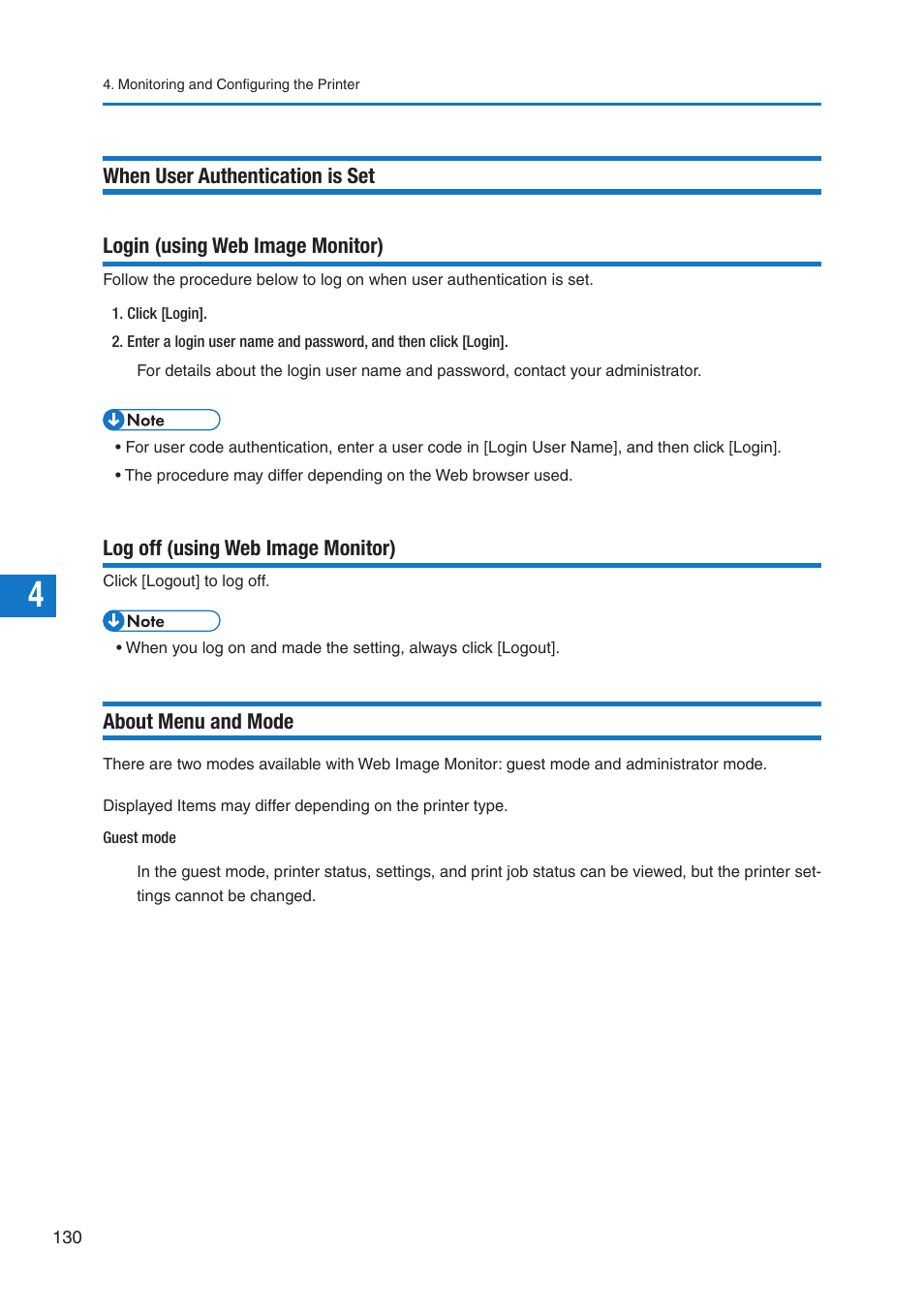 Log off (using web image monitor), About menu and mode | Pitney Bowes DP50S Color Printer User Manual | Page 128 / 210