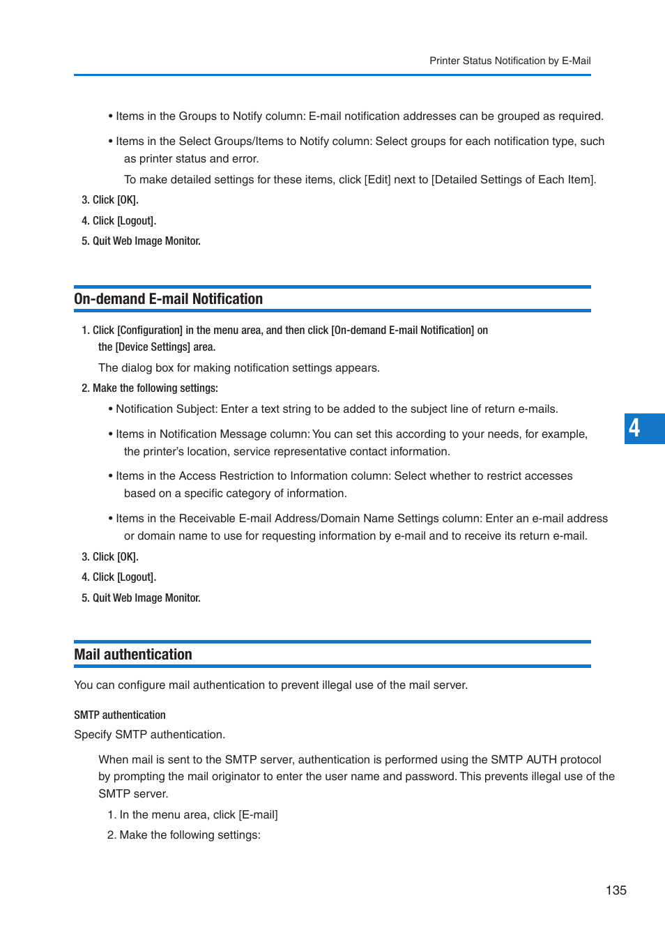 On-demand e-mail notification, Mail authentication | Pitney Bowes DP50S Color Printer User Manual | Page 133 / 210