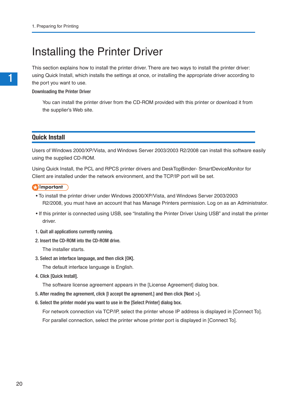 Installing the printer driver, Quick install | Pitney Bowes DP50S Color Printer User Manual | Page 18 / 210