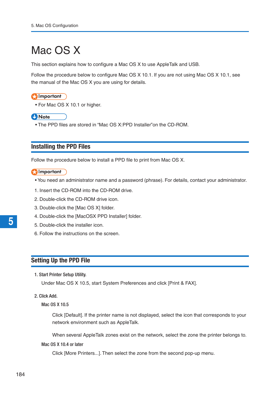Mac os x, Installing the ppd files, Setting up the ppd file | Pitney Bowes DP50S Color Printer User Manual | Page 182 / 210