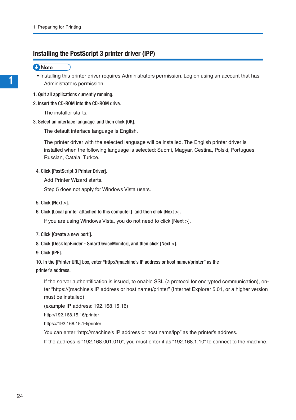 Installing the postscript 3 printer driver (ipp) | Pitney Bowes DP50S Color Printer User Manual | Page 22 / 210