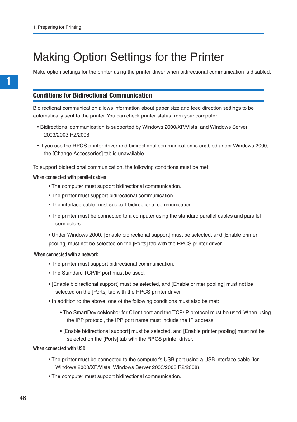 1making option settings for the printer, Conditions for bidirectional communication | Pitney Bowes DP50S Color Printer User Manual | Page 44 / 210