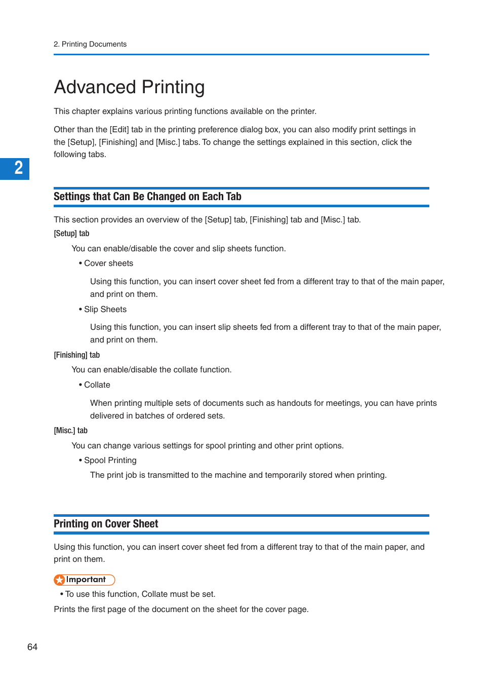 Advanced printing, Settings that can be changed on each tab, Printing on cover sheet | Pitney Bowes DP50S Color Printer User Manual | Page 62 / 210