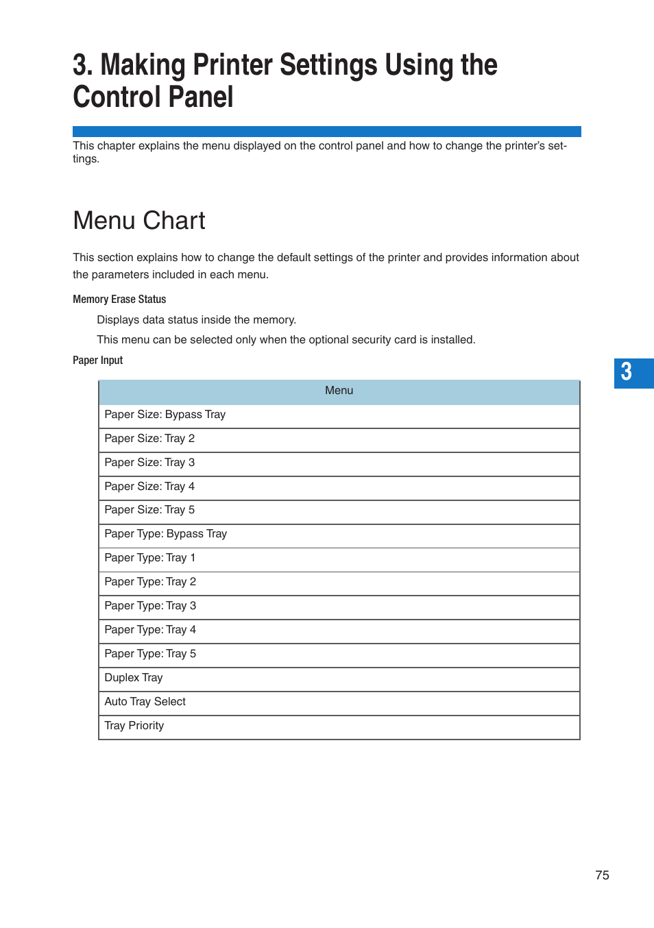 Making printer settings using the control panel, Menu chart | Pitney Bowes DP50S Color Printer User Manual | Page 73 / 210