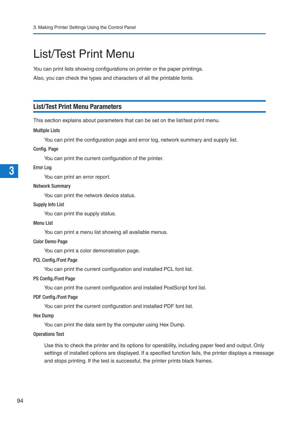 List/test print menu, List/test print menu parameters | Pitney Bowes DP50S Color Printer User Manual | Page 92 / 210