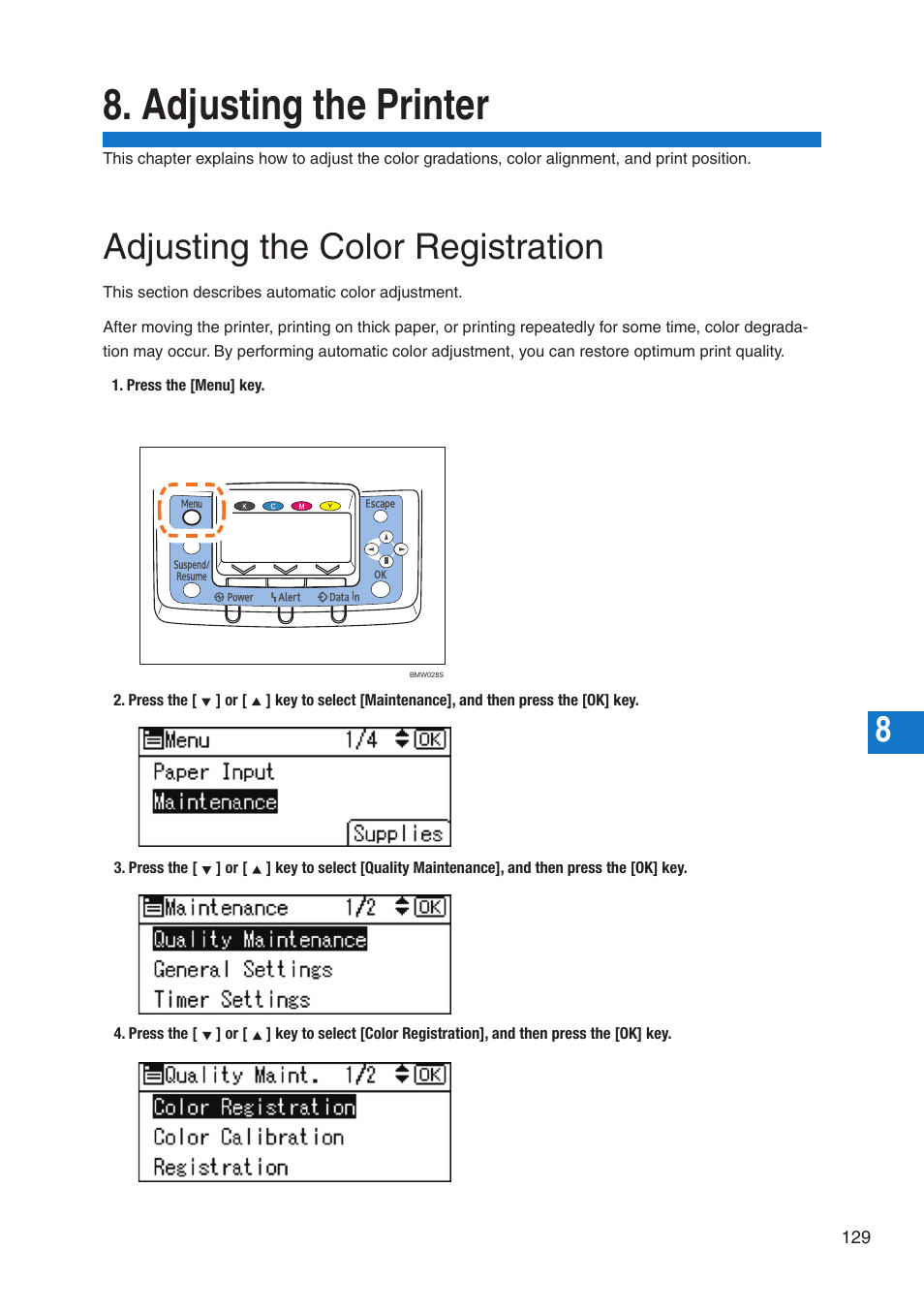 Adjusting the printer, Adjusting the color registration | Pitney Bowes DP50S Color Printer User Manual | Page 131 / 192