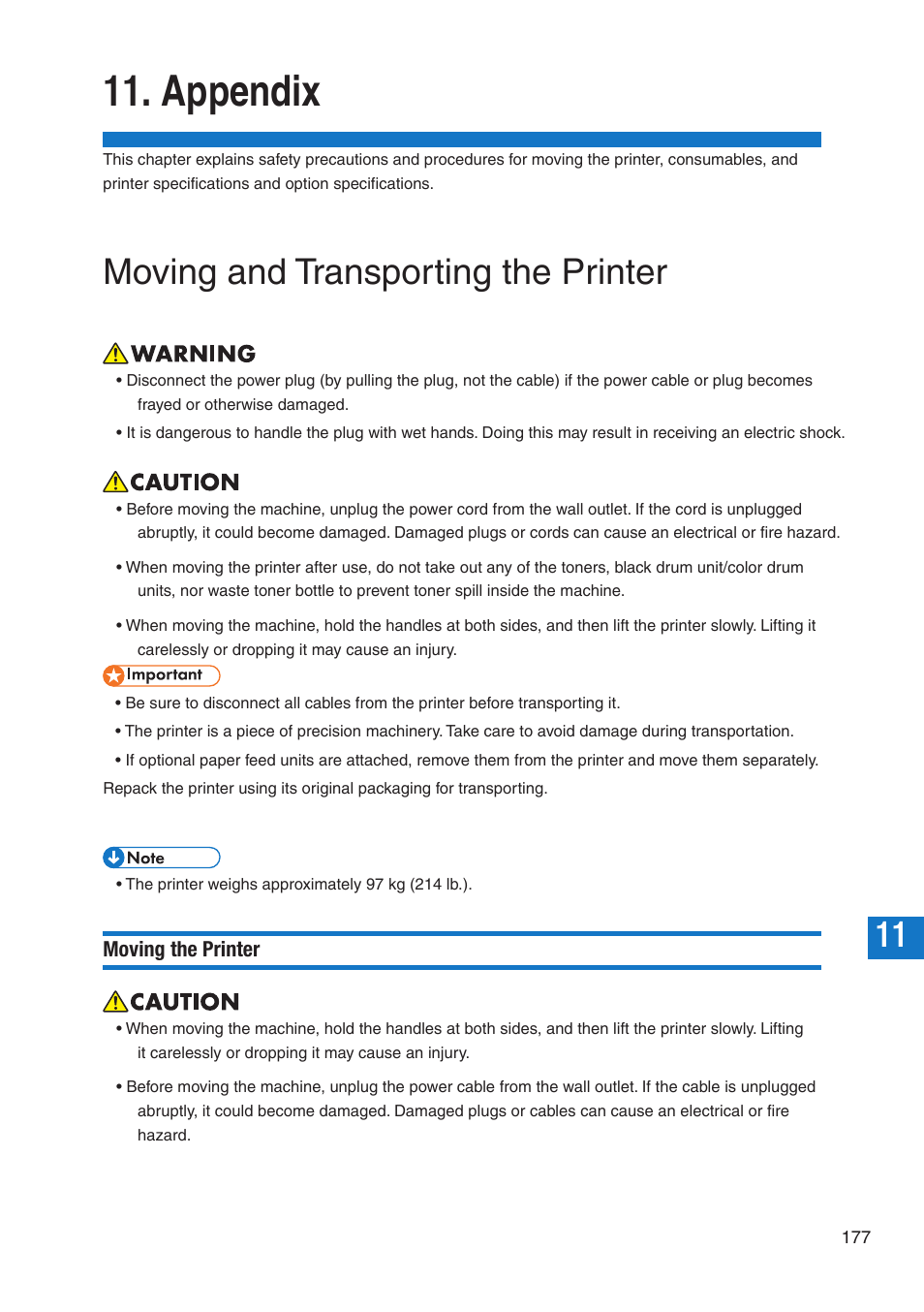 Appendix, Moving and transporting the printer | Pitney Bowes DP50S Color Printer User Manual | Page 179 / 192