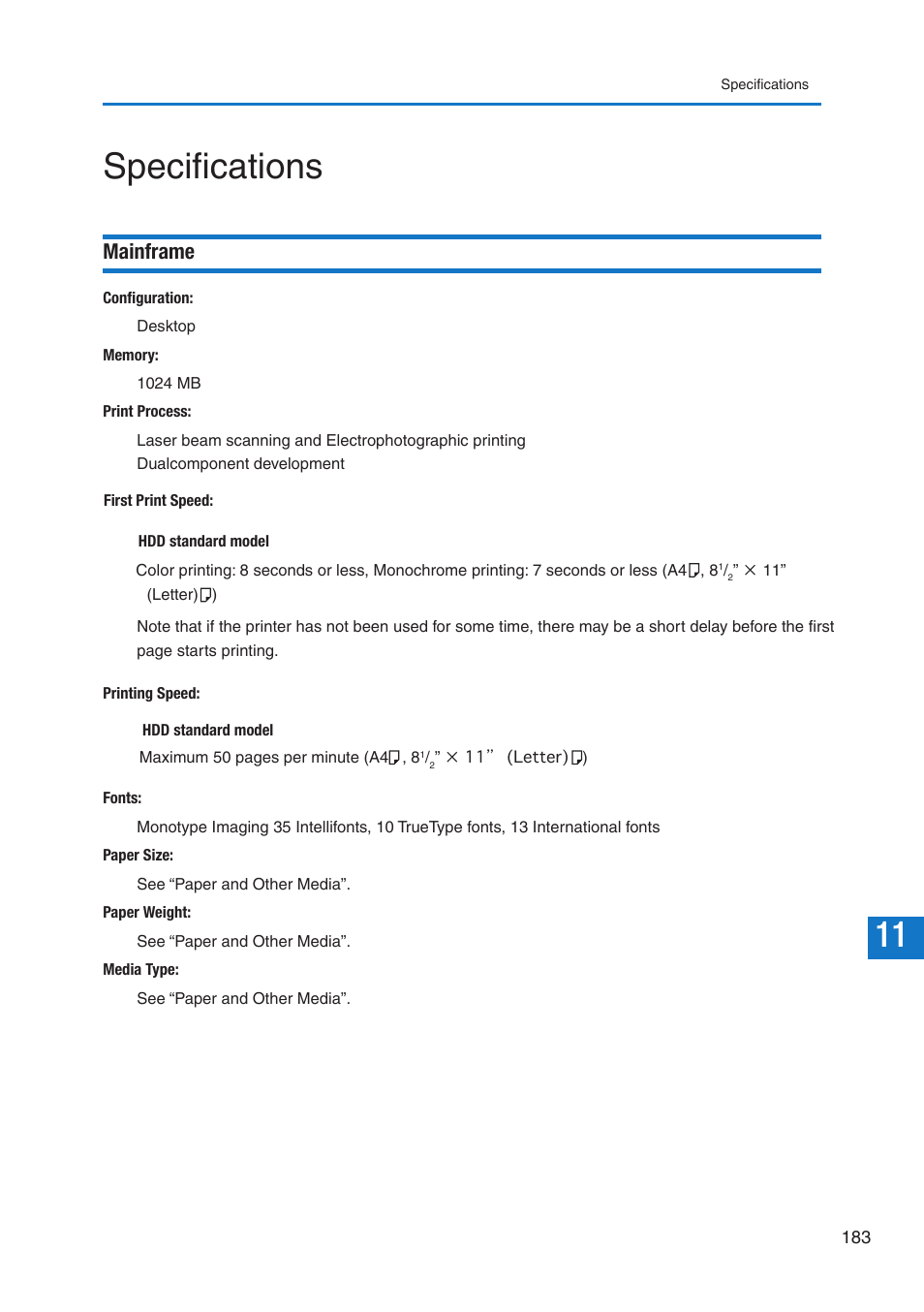 11 specifications, Mainframe | Pitney Bowes DP50S Color Printer User Manual | Page 185 / 192