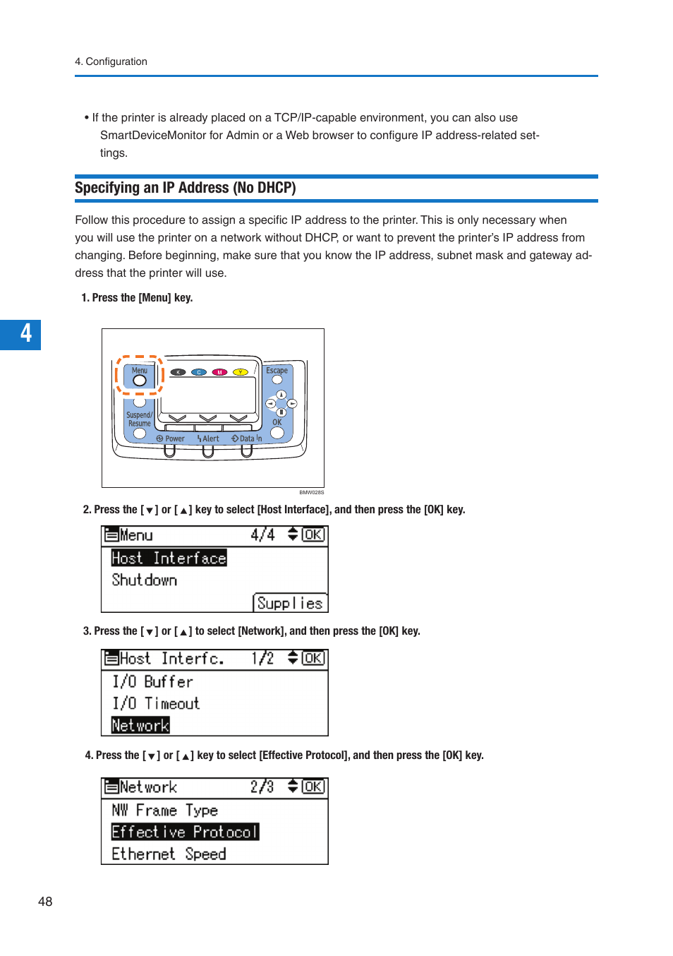Specifying an ip address (no dhcp) | Pitney Bowes DP50S Color Printer User Manual | Page 50 / 192