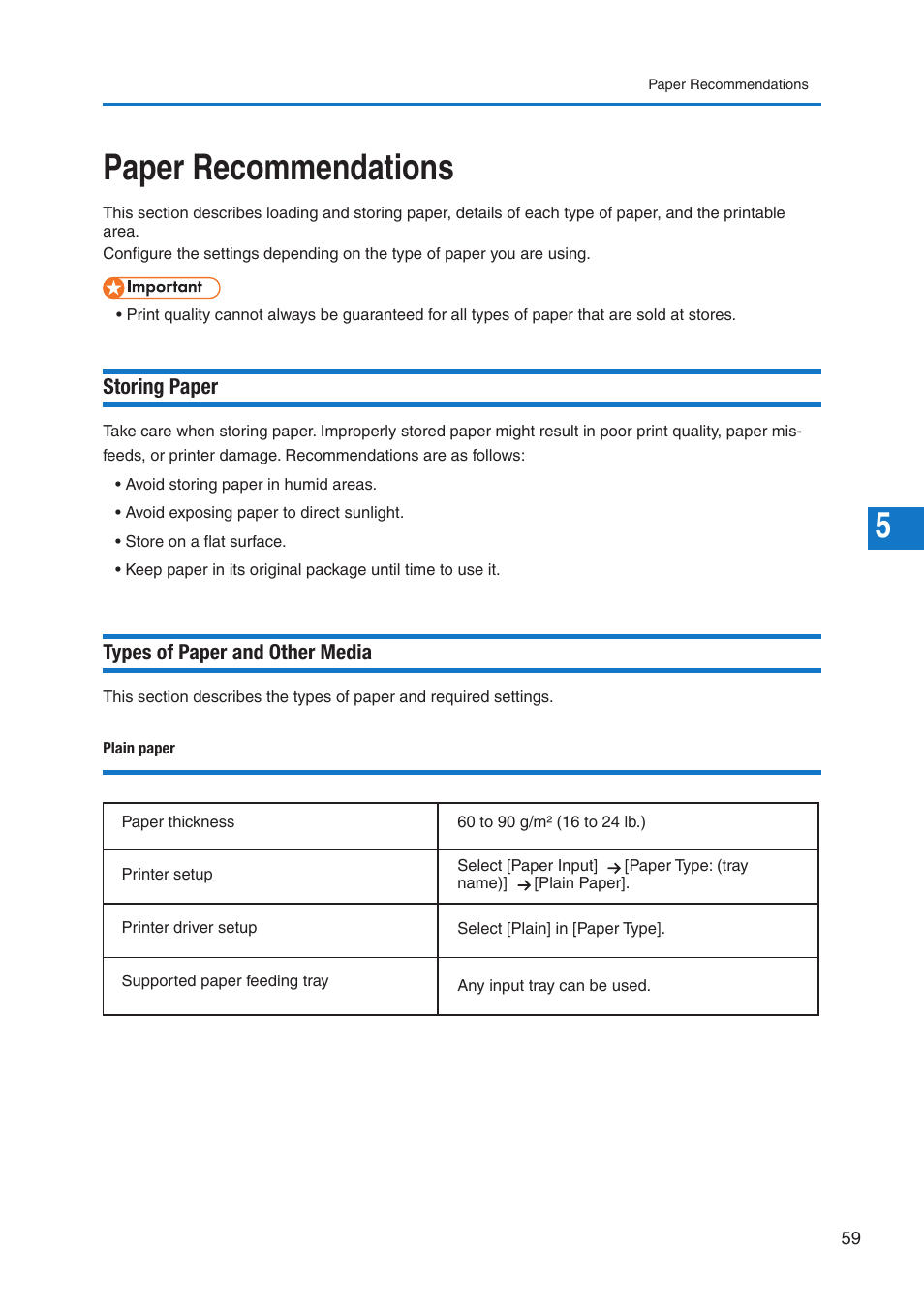 Paper recommendations, Storing paper, Types of paper and other media | Pitney Bowes DP50S Color Printer User Manual | Page 61 / 192