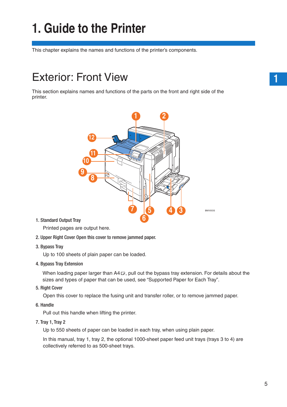 Guide to the printer, Exterior: front view | Pitney Bowes DP50S Color Printer User Manual | Page 7 / 192