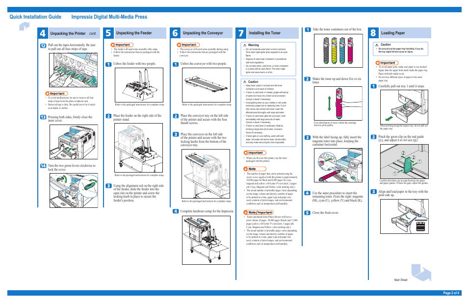 Unpacking the conveyor, Unpacking the printer cont, Unpacking the feeder | Installing the toner, Loading paper | Pitney Bowes DP50S Color Printer User Manual | Page 2 / 4