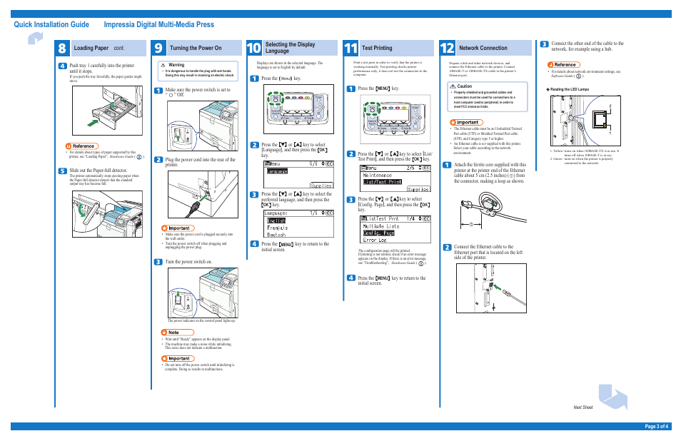 Loading paper cont, Turning the power on, Selecting the display language | Network connection, Test printing | Pitney Bowes DP50S Color Printer User Manual | Page 3 / 4