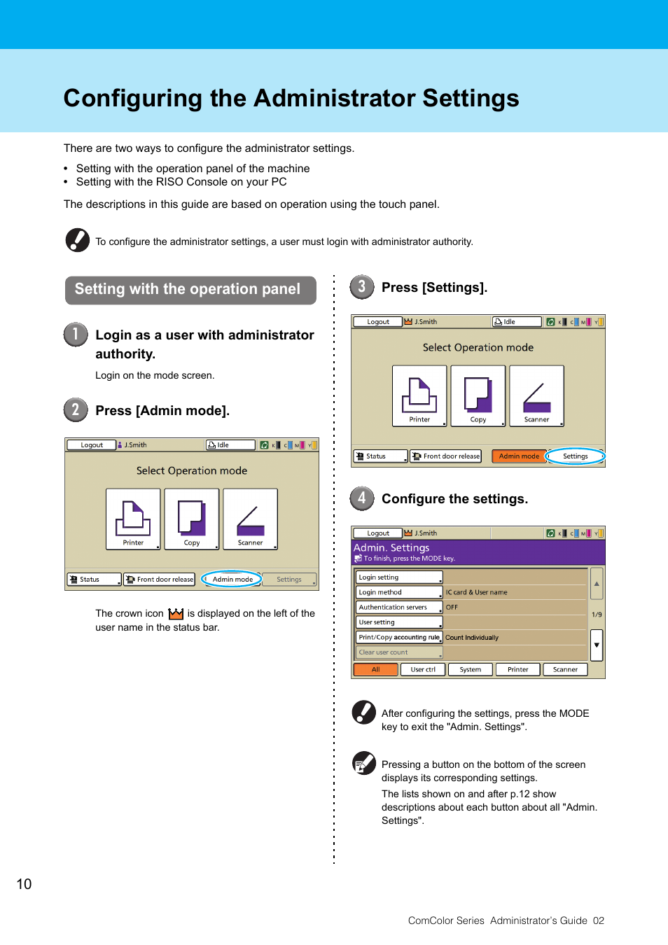 Configuring the administrator settings, Setting with the operation panel, Setting with the operation panel 1 | Pitney Bowes RISO ComColor Printer User Manual | Page 12 / 48