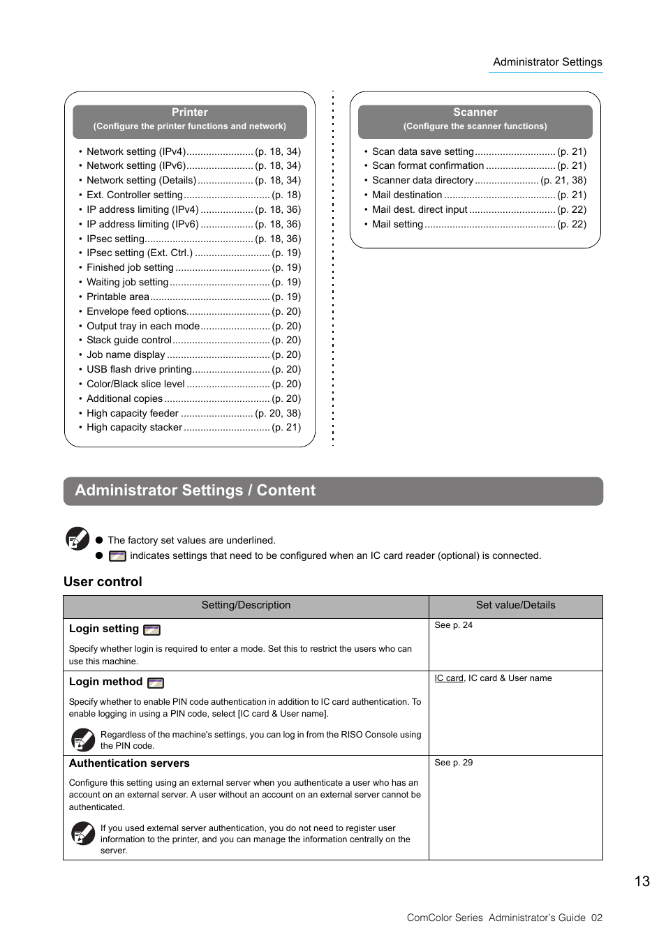 Administrator settings / content, User control, P. 13 | P. 13, 23), P. 13, 29) | Pitney Bowes RISO ComColor Printer User Manual | Page 15 / 48