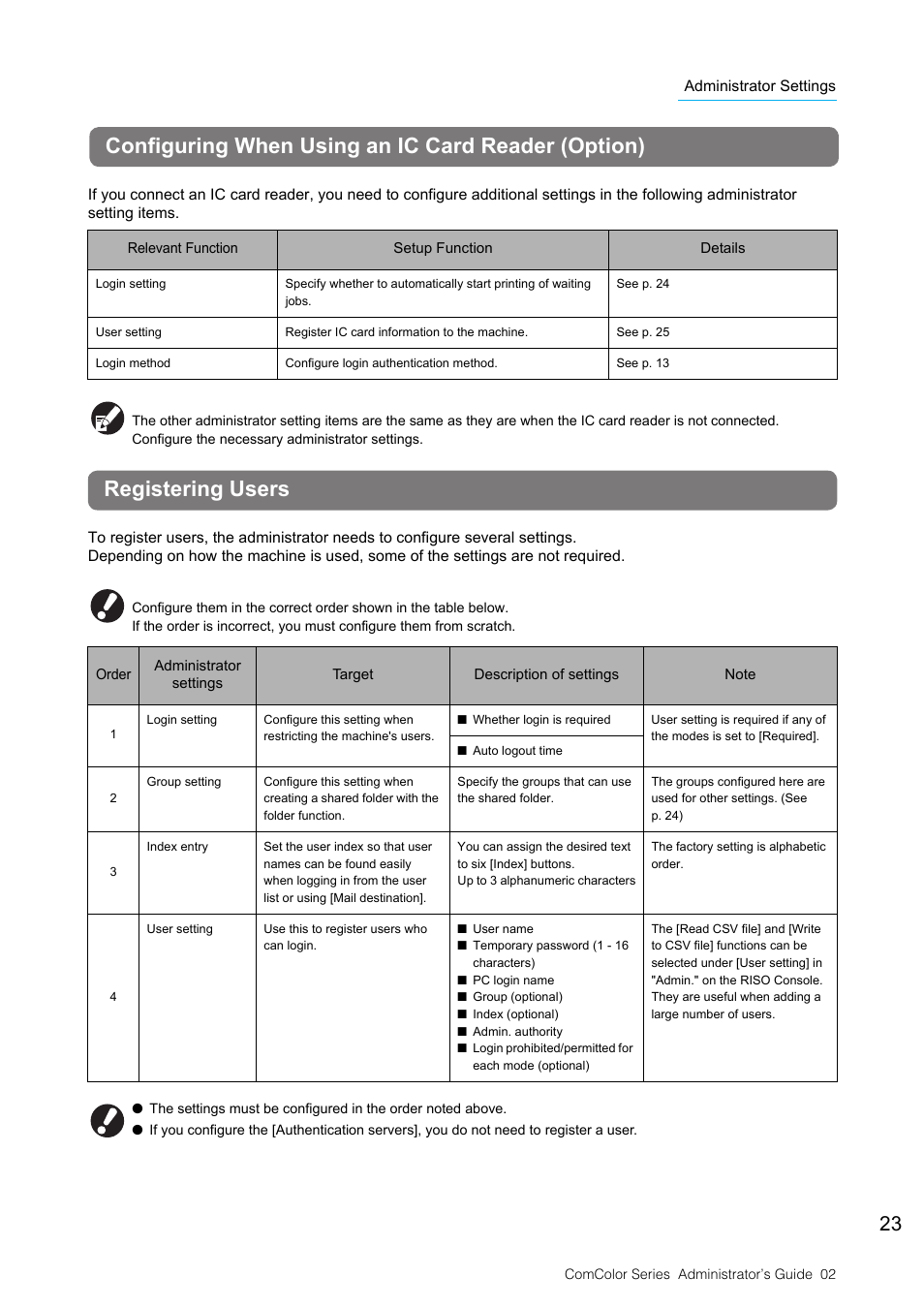 Configuring when using an ic card reader (option), Registering users | Pitney Bowes RISO ComColor Printer User Manual | Page 25 / 48