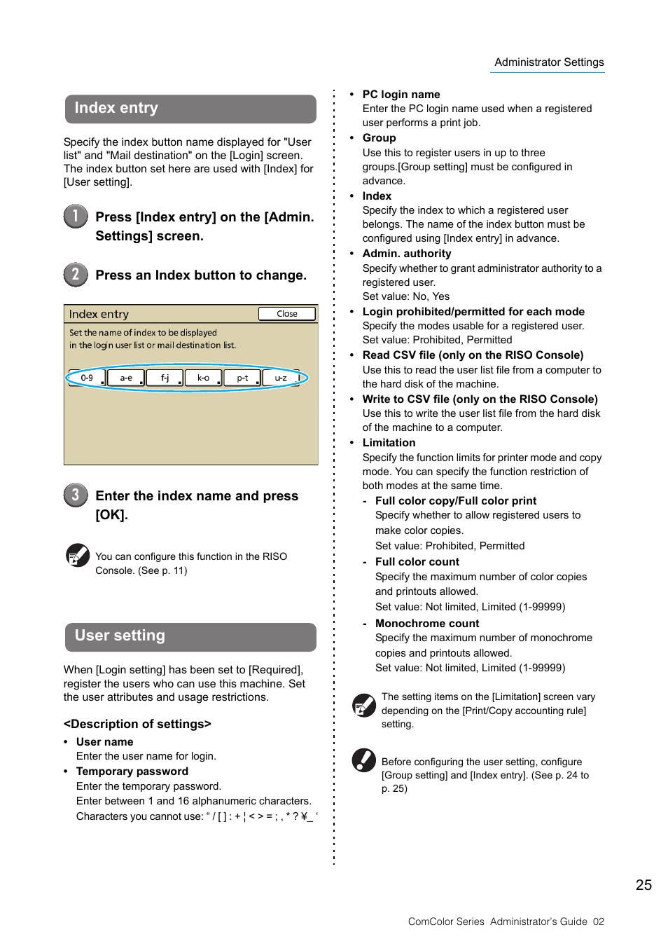 Index entry, User setting, Index entry user setting | See p. 25 | Pitney Bowes RISO ComColor Printer User Manual | Page 27 / 48