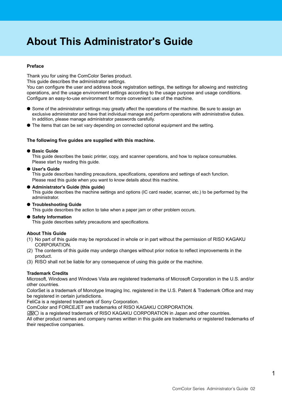 About this administrator's guide | Pitney Bowes RISO ComColor Printer User Manual | Page 3 / 48