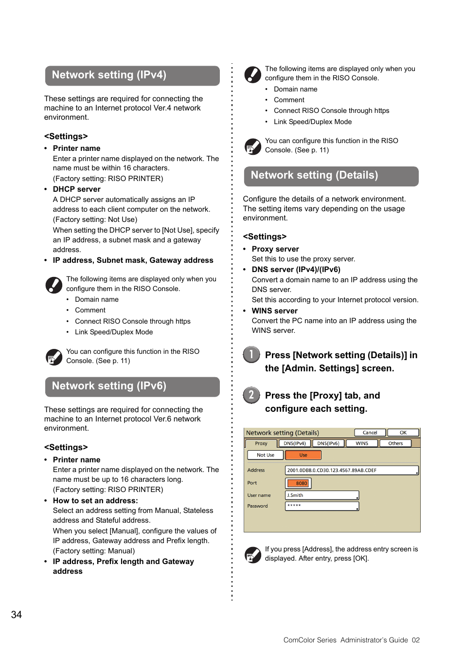 Network setting (ipv4), Network setting (ipv6), Network setting (details) | See p. 34 | Pitney Bowes RISO ComColor Printer User Manual | Page 36 / 48