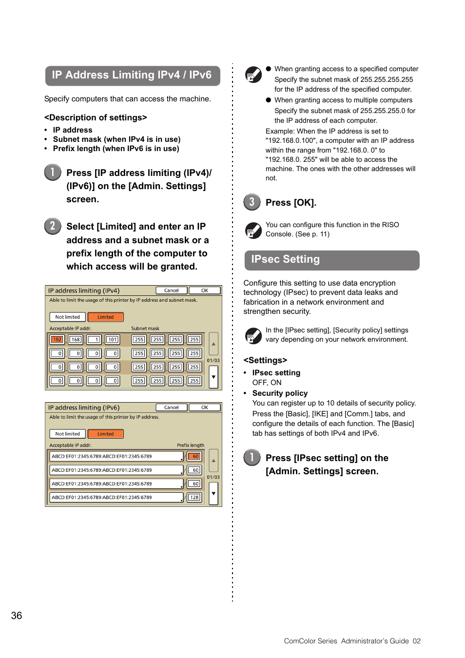 Ip address limiting ipv4 / ipv6, Ipsec setting, Ip address limiting ipv4 / ipv6 ipsec setting | See p. 36 | Pitney Bowes RISO ComColor Printer User Manual | Page 38 / 48