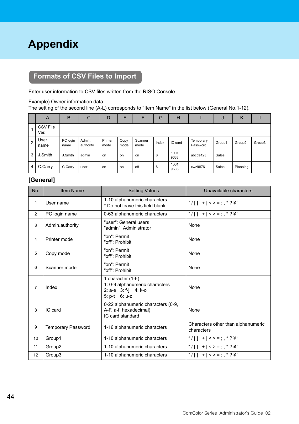 Appendix, Formats of csv files to import, General | Pitney Bowes RISO ComColor Printer User Manual | Page 46 / 48