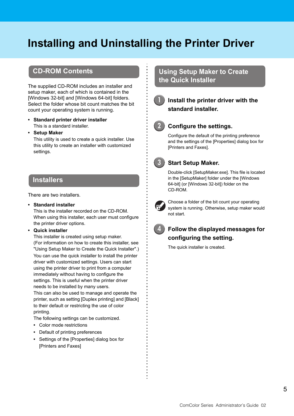 Installing and uninstalling the printer driver, Cd-rom contents, Installers | Using setup maker to create the quick installer, Using setup maker to create the quick installer 1 | Pitney Bowes RISO ComColor Printer User Manual | Page 7 / 48