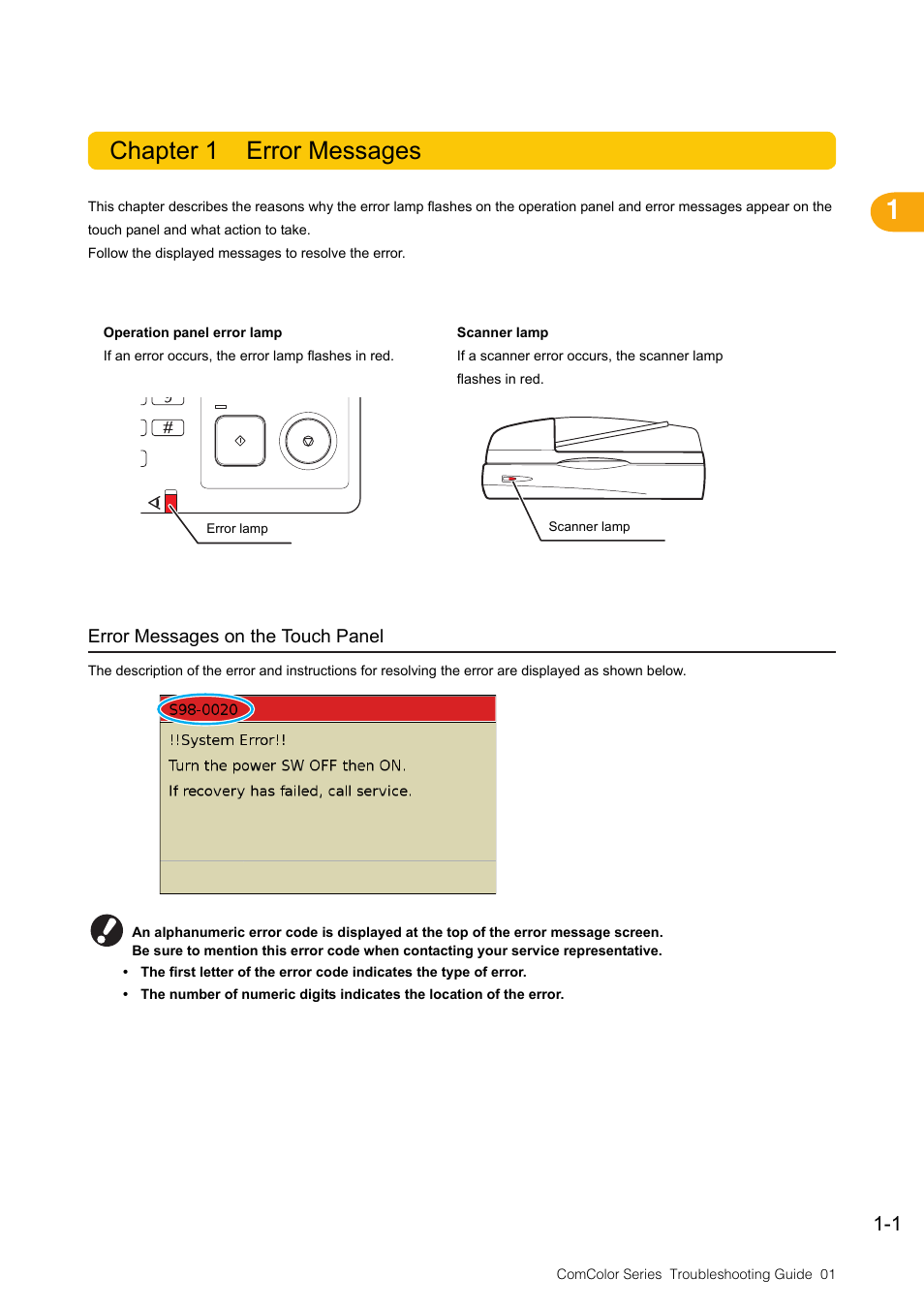 Chapter 1 error messages, Error messages on the touch panel, Chapter 1 error messages -1 | Error messages on the touch panel -1 | Pitney Bowes RISO ComColor Printer User Manual | Page 11 / 58