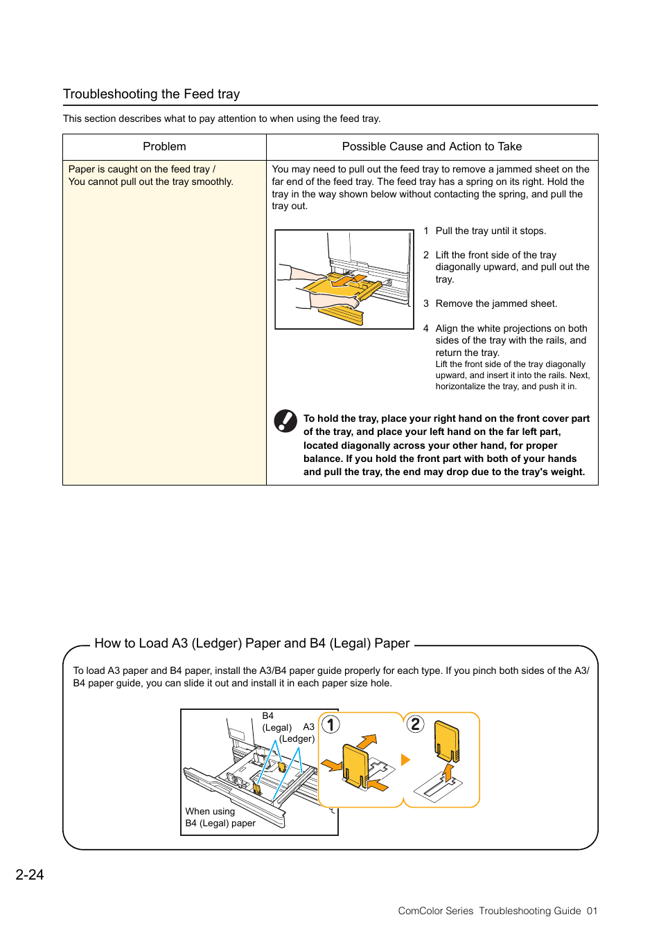 Troubleshooting the feed tray, Troubleshooting the feed tray -24, How to load a3 (ledger) paper and b4 (legal) paper | Pitney Bowes RISO ComColor Printer User Manual | Page 46 / 58