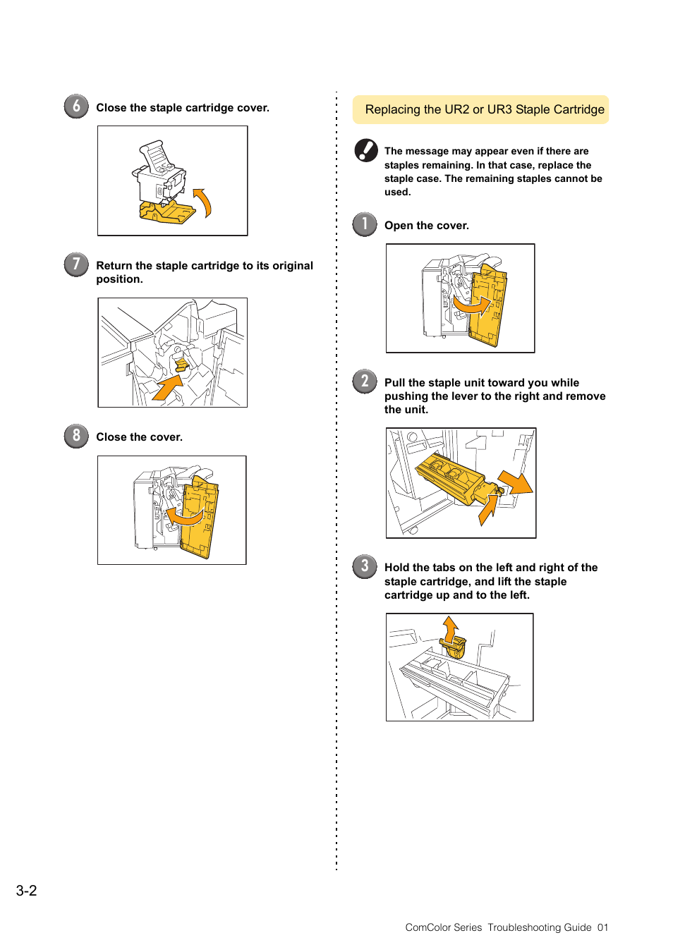 Replacing the ur2 or ur3 staple cartridge, Replacing the ur2 or ur3 staple cartridge -2 | Pitney Bowes RISO ComColor Printer User Manual | Page 52 / 58