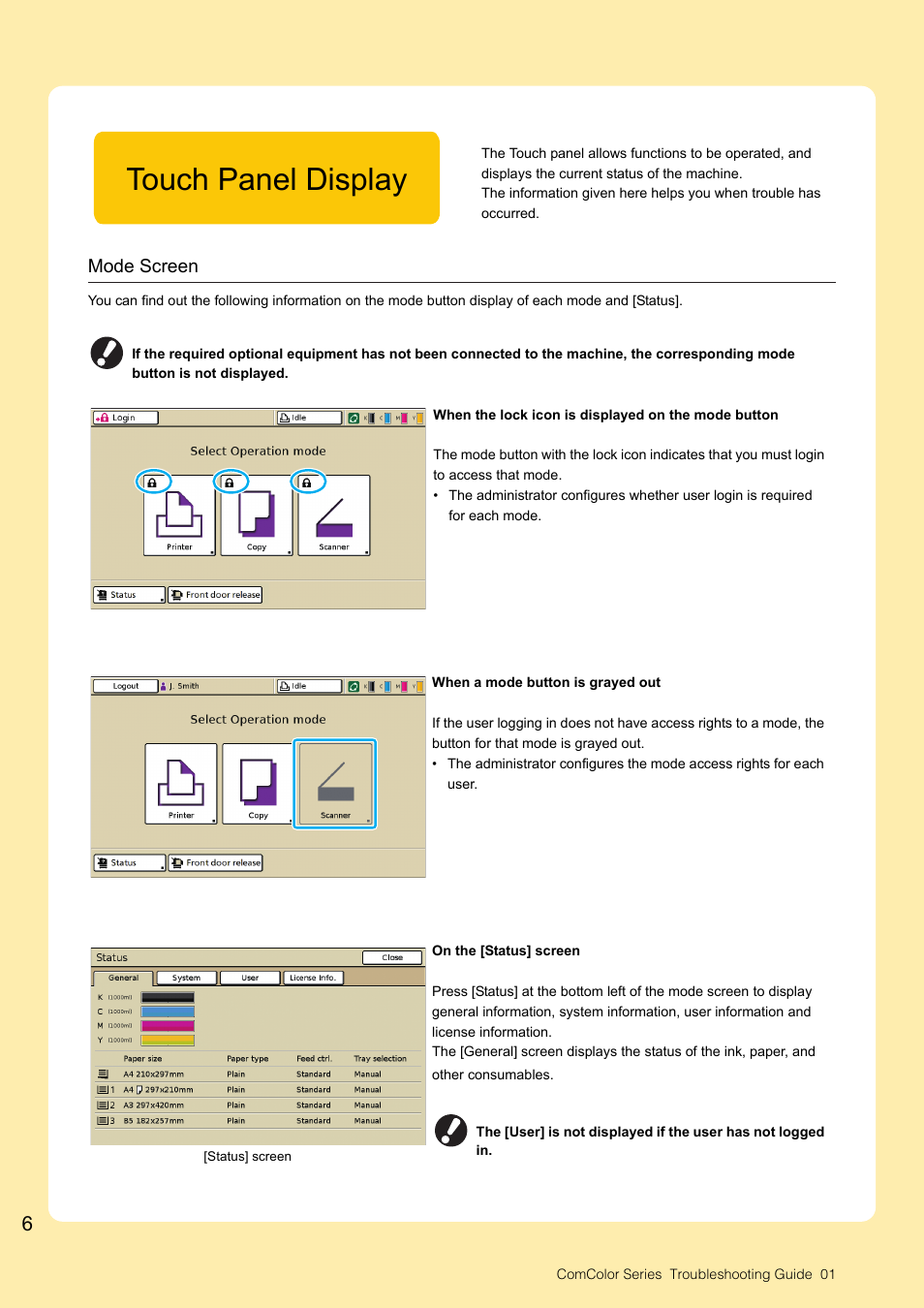 Touch panel display, Mode screen | Pitney Bowes RISO ComColor Printer User Manual | Page 8 / 58