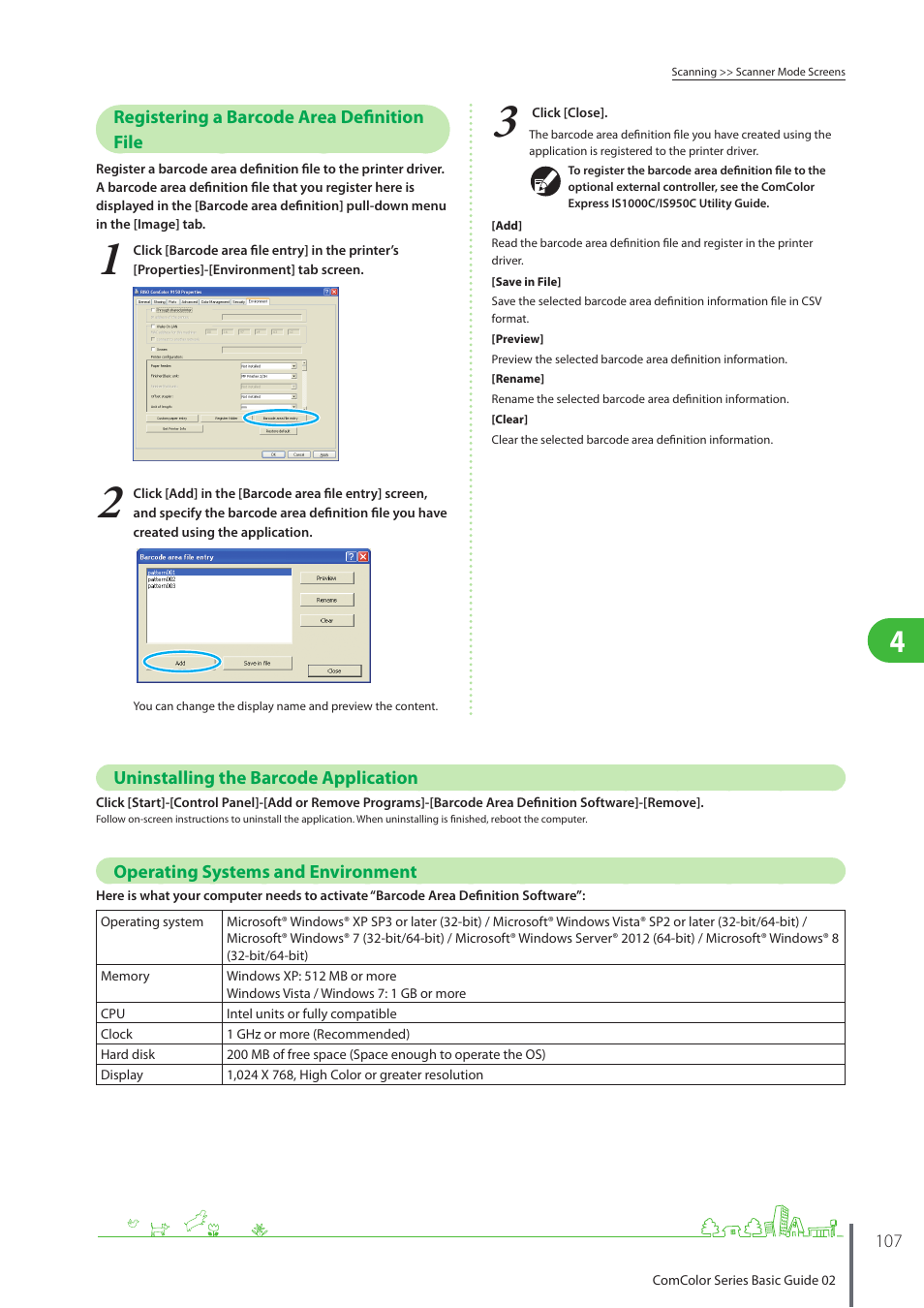Registering a barcode area definition file, Uninstalling the barcode application, Operating systems and environment | Pitney Bowes RISO ComColor Printer User Manual | Page 109 / 116